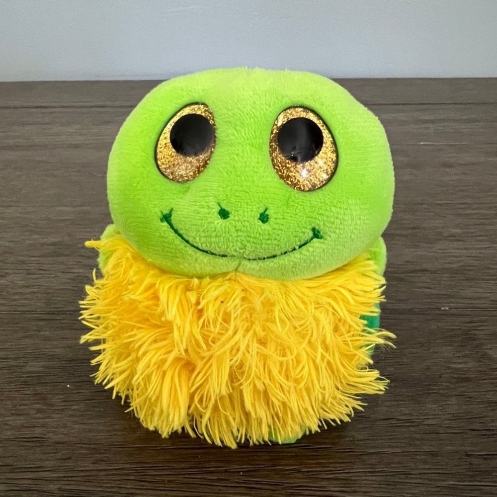 Fiesta Pom Pals Green Turtle Plush Yellow Fuzzy Chest Gold Glitter Eyes
